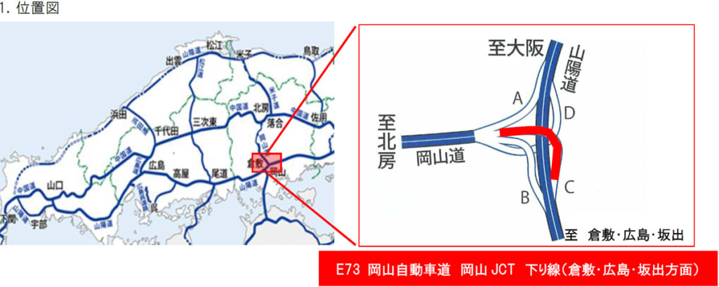 20250403okayama1 1024x409 - 岡山道／岡山JCT（下り）倉敷・広島・坂出方面の接続ランプ、4日に夜間通行止め