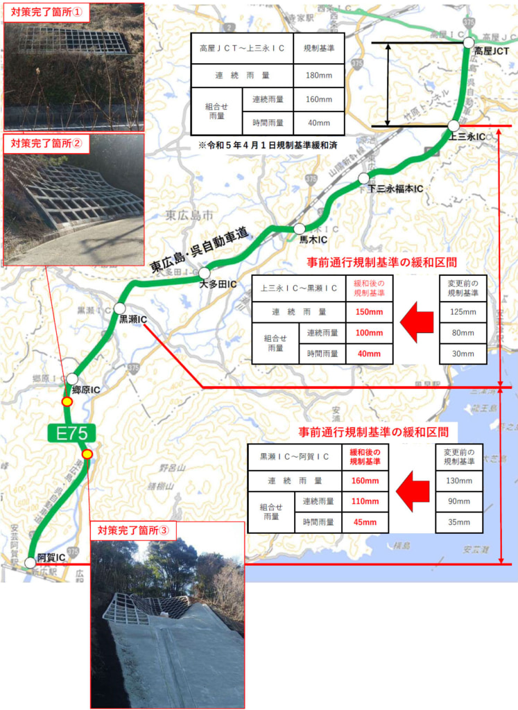 20250414higashi1 747x1024 - 東広島 呉道／阿賀IC～上三永IC、土砂対策工事完了で事前通行規制基準を緩和