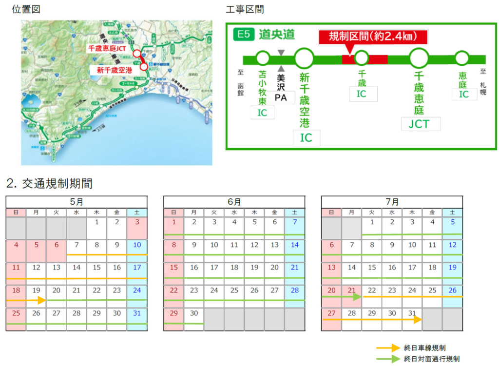 20250421douou2 1024x751 - 道央道／江別西IC～岩見沢IC・新千歳空港IC～千歳恵庭JCT、5月～7月に終日車線規制など