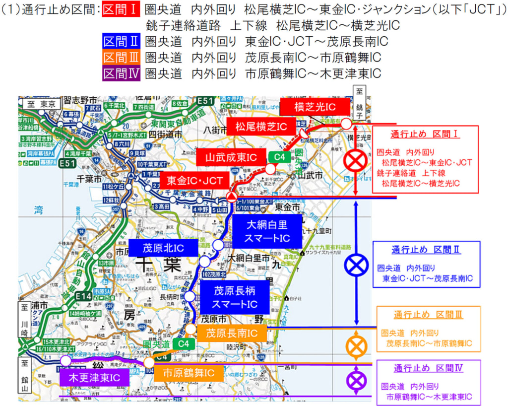 20250422kenou1 1024x818 - 圏央道・銚子連絡道路／松尾横芝IC～木更津東ICなど、5月12日～21日に夜間通行止め