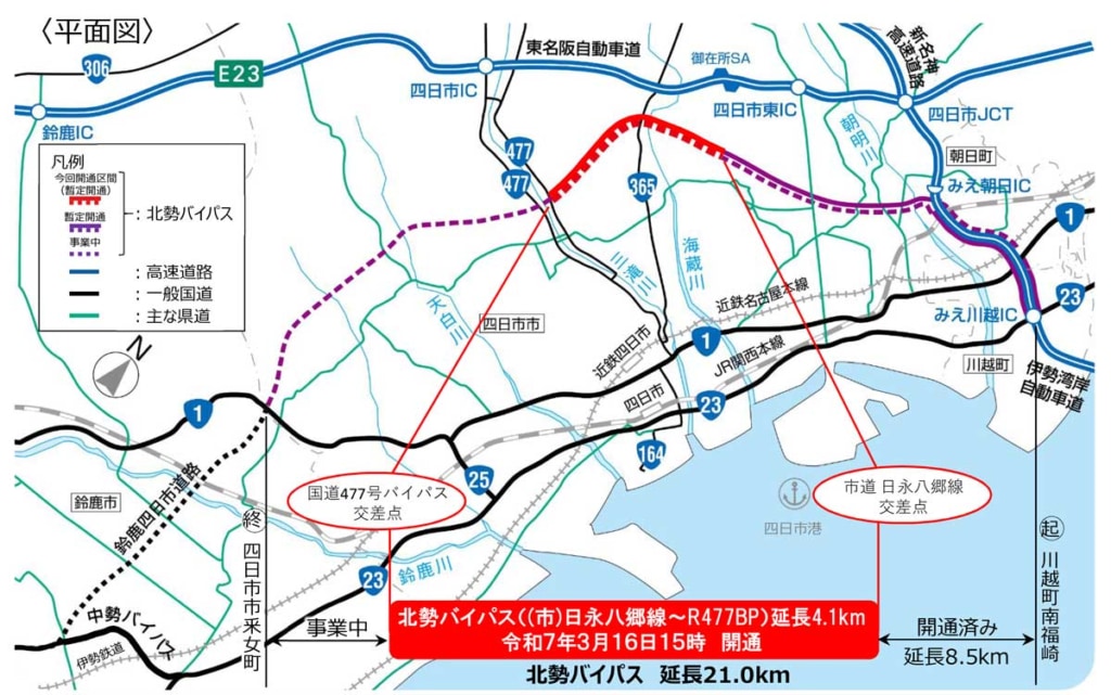 20250618mie 1024x641 - 国道1号 北勢BP／開通で所要時間が10分短縮、四日市港への輸送経路選択肢が拡大