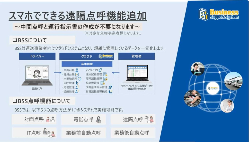 20250711bss 1024x583 - デンソーソリューション／運送事業者向け管理システムBSSに遠隔地遠隔点呼機能を追加
