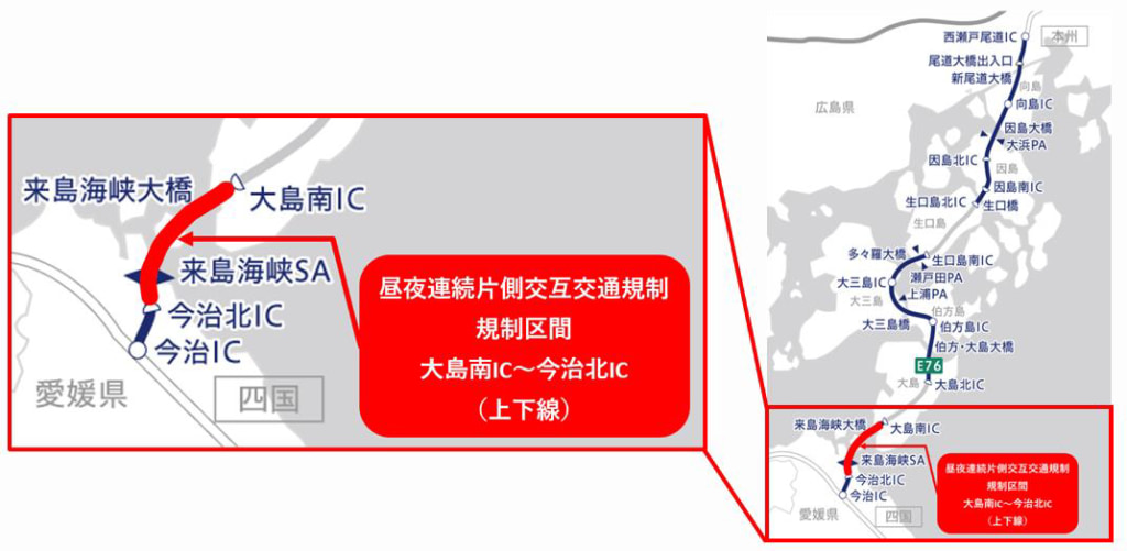 20250910nishiseto 1024x501 - 西瀬戸道／大島南IC～今治北IC、9月24日～2026年1月30日に昼夜連続片側交互交通規制