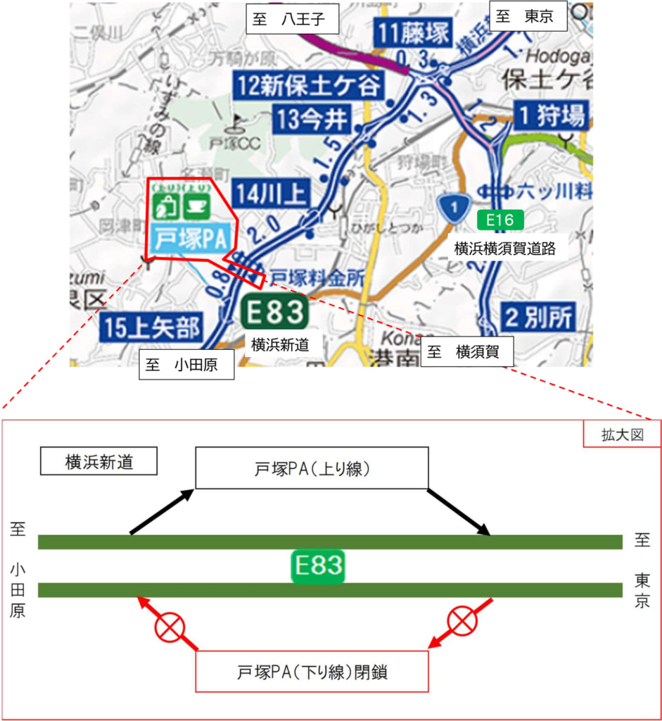 20250925totsuka1 941x1024 - 横浜新道／戸塚PA、10月6日～8日・14日～16日に夜間閉鎖