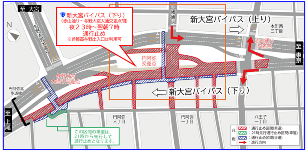 20251110R17 1024x509 - 国道17号新大宮バイパス／11月29日、赤山通り交差点～与野大宮大通交差点付近を夜間通行止め