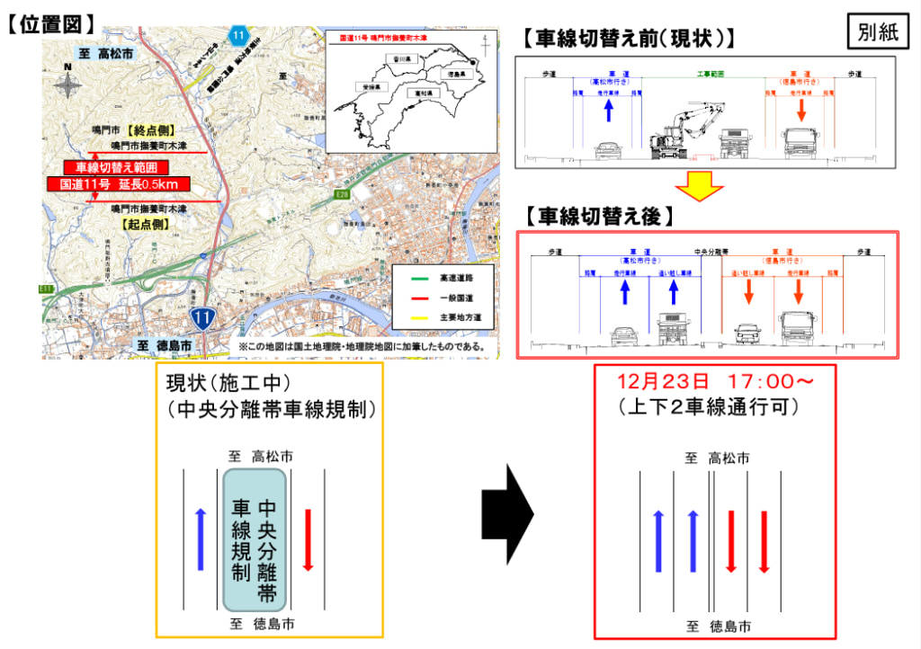 20251222tokushima 1024x722 - 国道11号／鳴門市撫養町木津付近でコンクリート舗装工事完了、車線変更