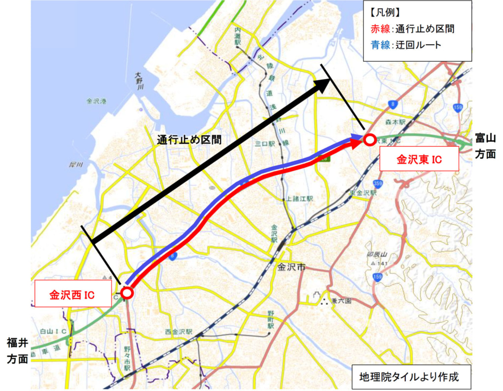 20260127kanazawa1 1024x797 - 北陸道／金沢西IC～金沢東IC（上下線）、1月28日・29日9時～17時に通行止め追加