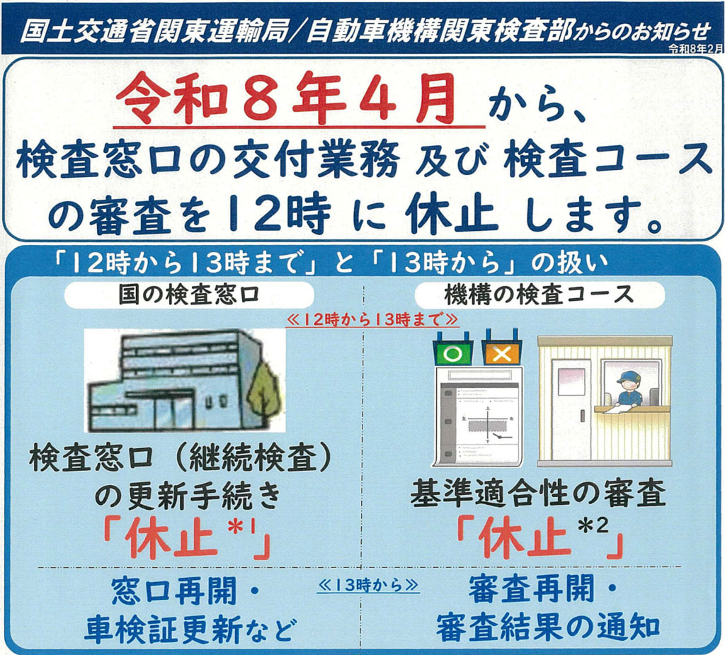 20260316kantokensa 1024x925 - 関東運輸局・自動車機構関東検査部／検査窓口の交付業務・検査コース審査に昼休み導入